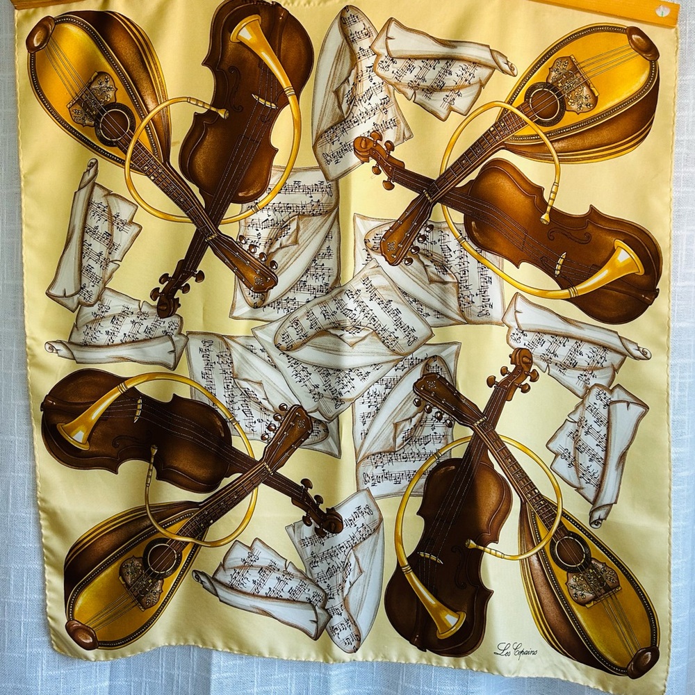 Hermes Les Chopains Elegant Musical Instrument Silk Scarf